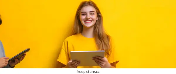 Smiling Woman in Yellow Shirt Holding Tablet Against Yellow Wall