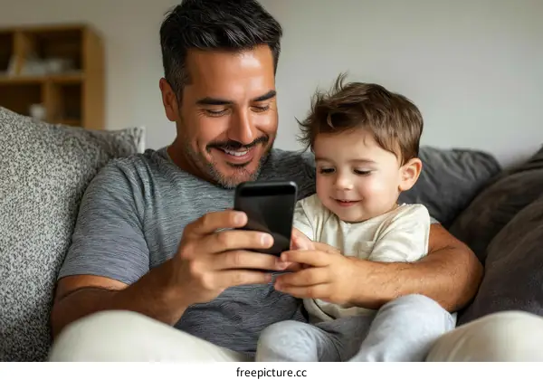 Father and Son Enjoying Mobile Phone Time