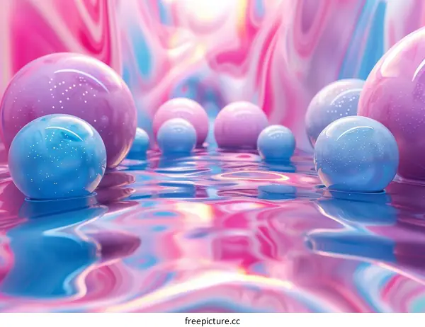 Pink and blue pastel iridescent glossy spheres float on a reflective surface