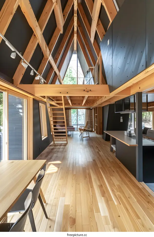 Modern Cabin Interior Design with Wooden Beams and Black Walls