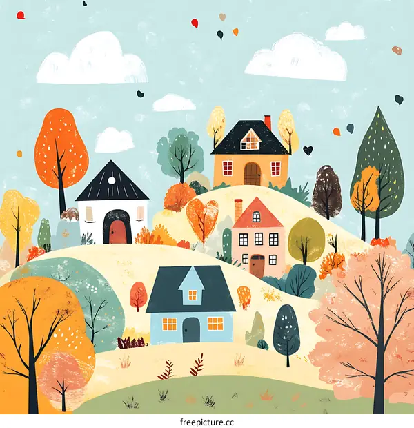 Colorful Illustration of Houses in Autumn with Trees and Clouds