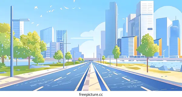 Cityscape with Road and Trees