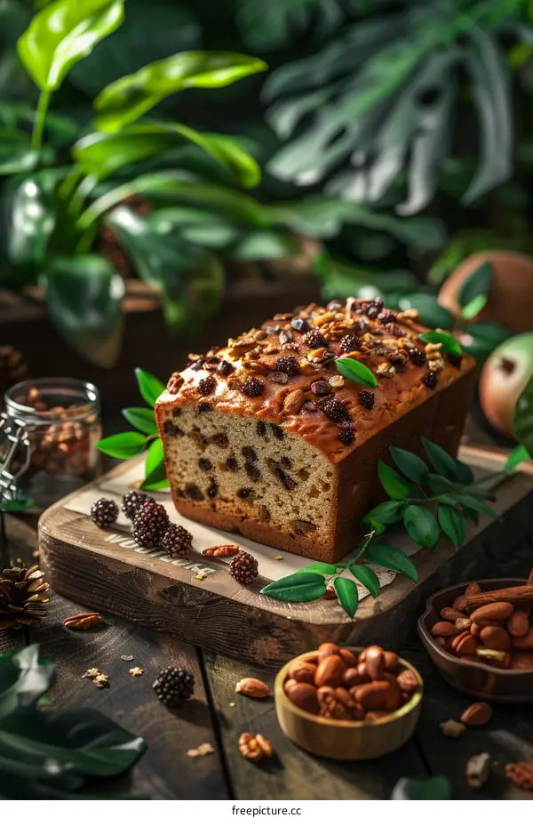 A delicious fruitcake on a wooden table surrounded by nuts and berries