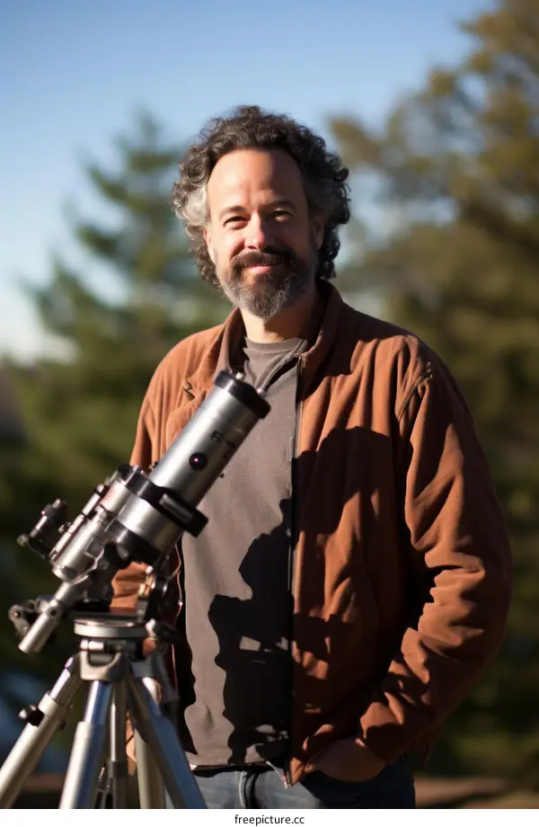 A smiling man standing next to a telescope