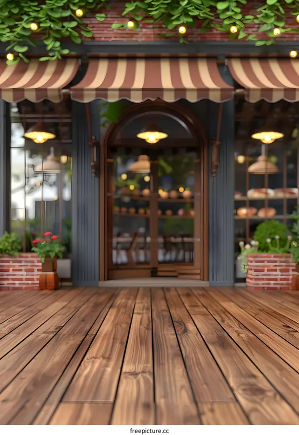 Brown Wooden Floor In Front Of A Storefront With Striped Awning