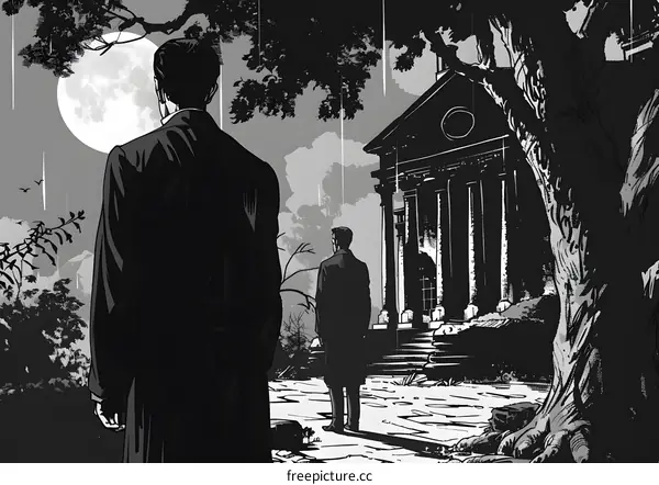 Two Men Standing Before a Large Building with a Full Moon in the Background