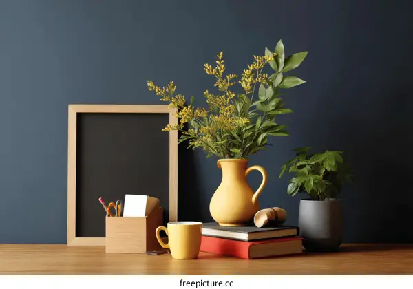 Stylish Workspace Decor with Yellow Vase
