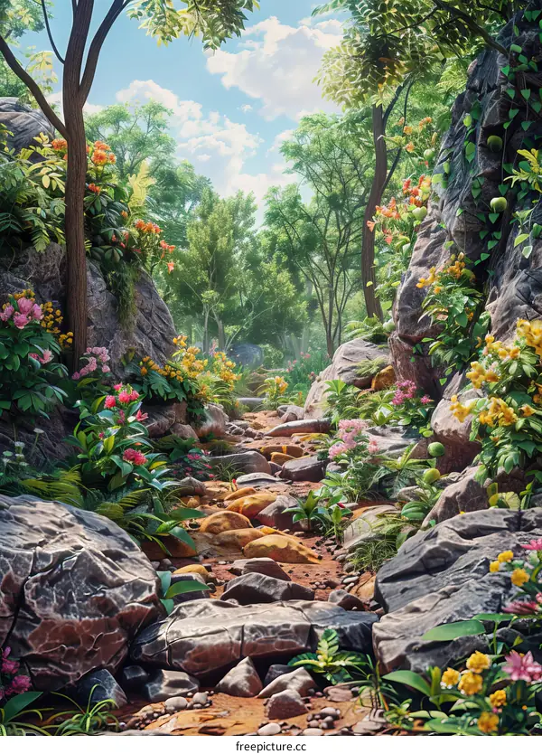 A Rocky Stream Through a Lush Tropical Forest