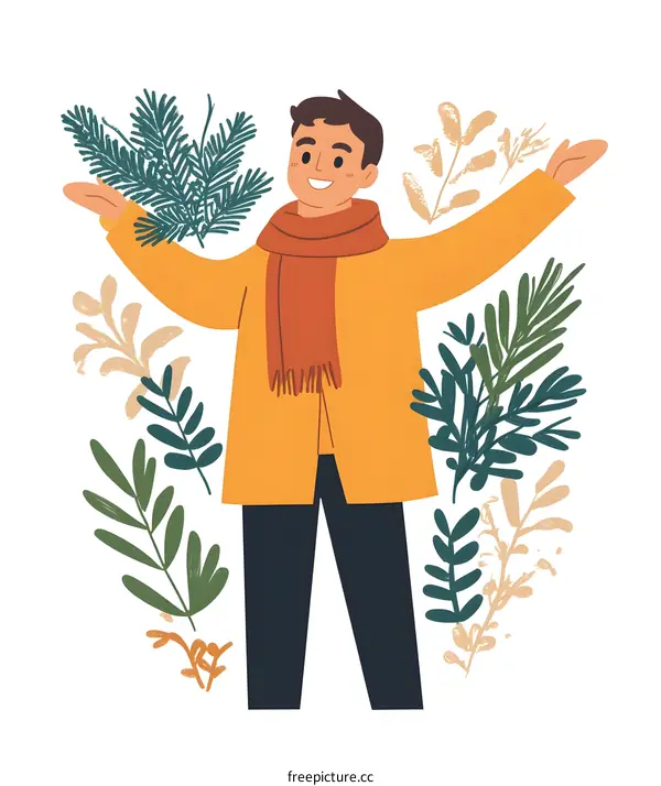 Smiling Man in Yellow Jacket with Leaves Around Him