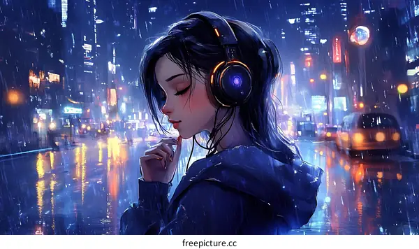 Rainy Night Cityscape with a Girl Listening to Music
