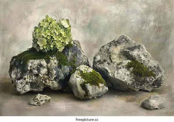 Green Hydrangea Flower on Mossy Rocks