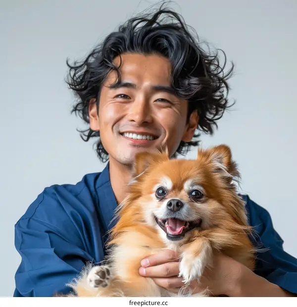 A smiling man with long hair holding a small dog