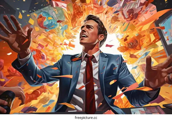 Ecstatic businessman celebrates his success surrounded by an explosion of confetti
