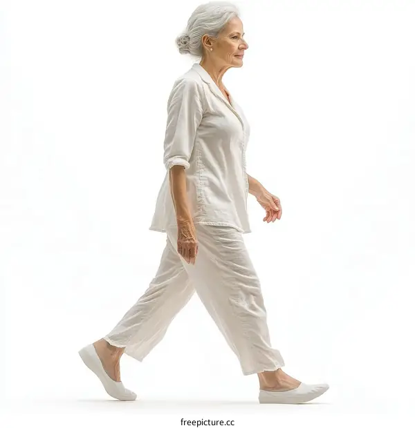 Senior Woman Walking in White Pajama Set