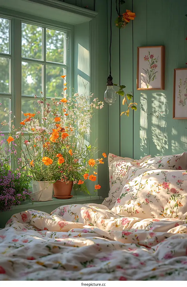 Green Wall Interior With Window and Flowers