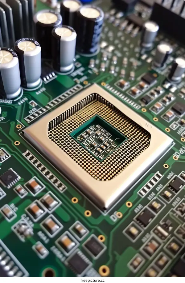 Close-up shot of a computer processor socket on a circuit board