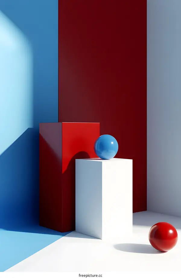 Minimalist Abstract 3D Render with Red, White, and Blue Spheres