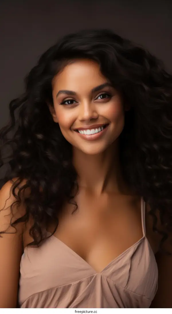 portrait of a beautiful young woman with long black curly hair smiling wearing a brown silk dress
