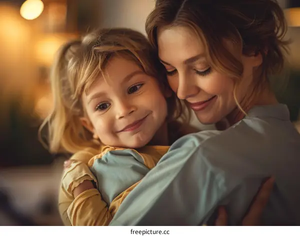 A mother is hugging her daughter. The daughter is smiling.