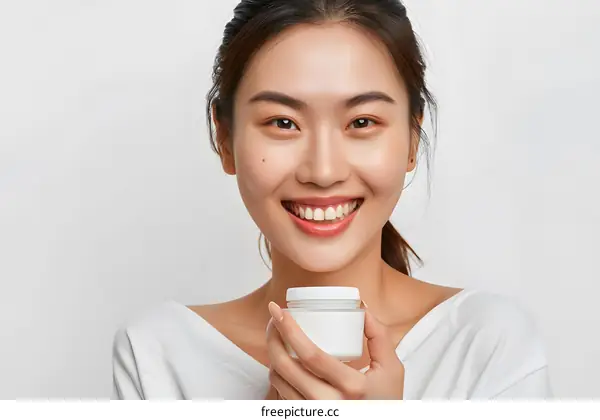 Smiling Woman Holding Skincare Jar