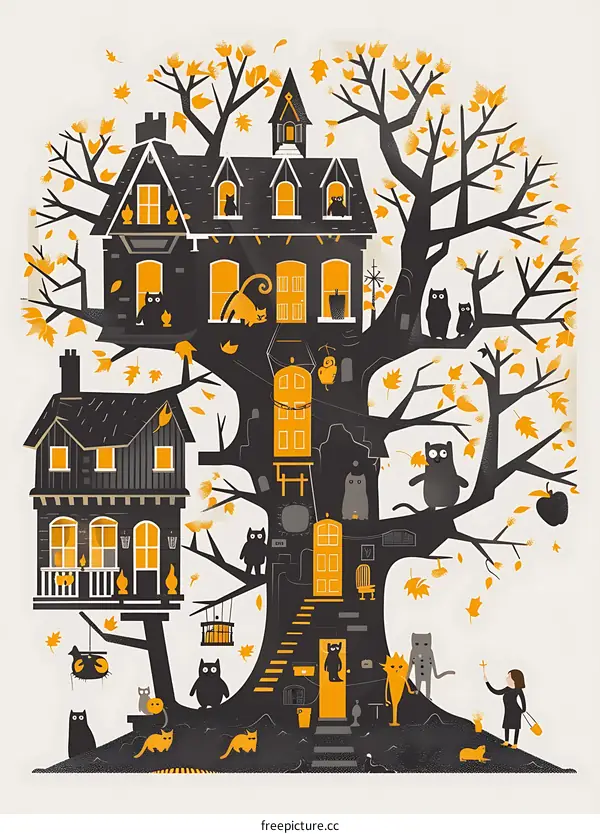 Autumn Tree House With Cats Illustration