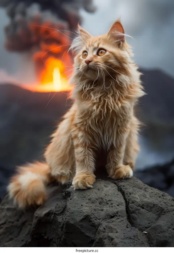 A ginger tabby cat sits on a rock, watching a volcanic eruption