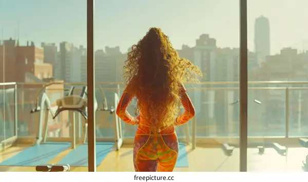 Curly haired woman in colorful sportswear looking out at the city from a gym