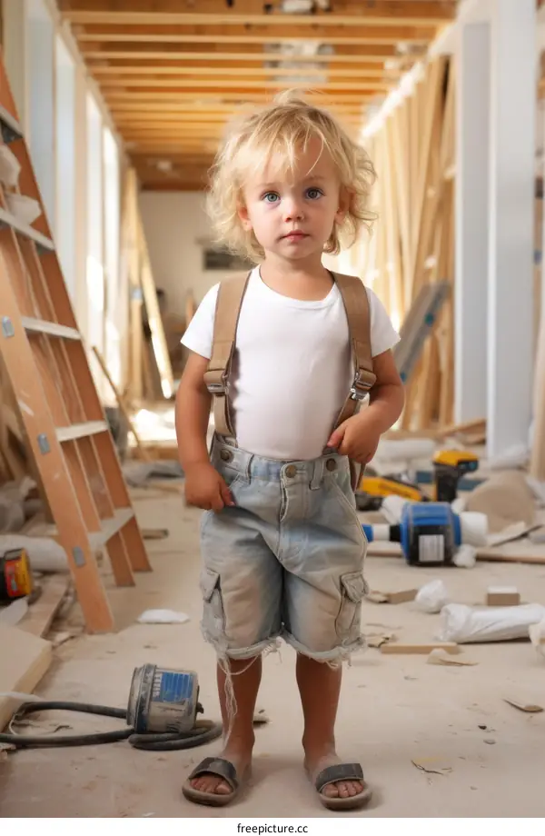 Little boy standing in a house under construction