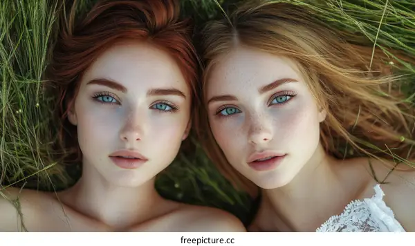 Two Caucasian women resting in a grassy field