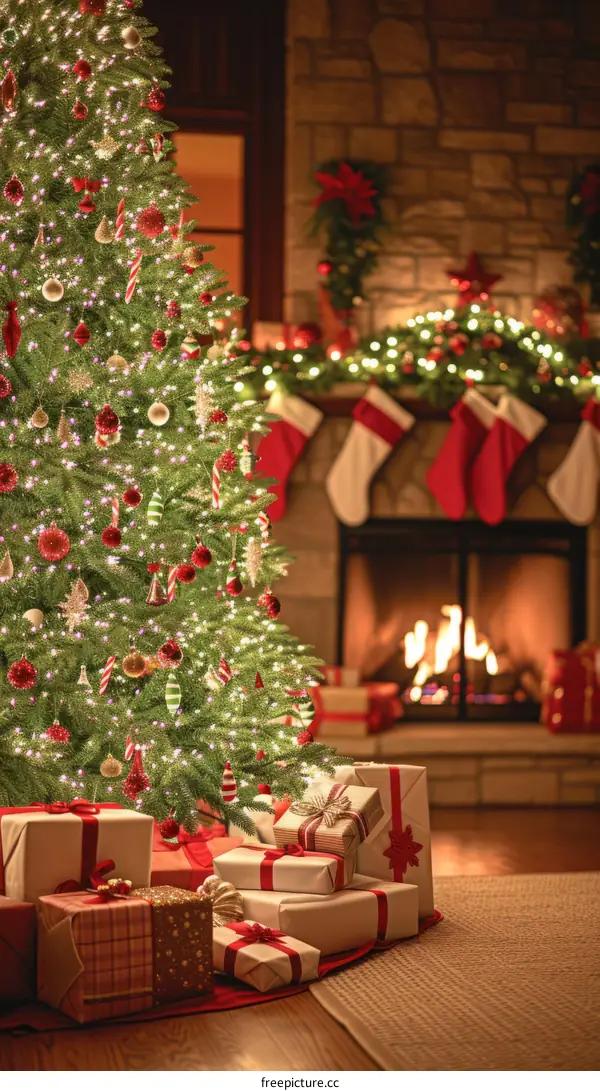 A beautifully decorated Christmas tree stands in a living room. There are presents under the tree and stockings hanging on the mantel.