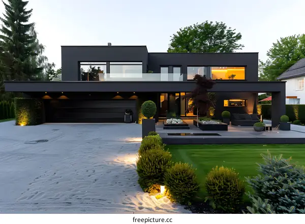Modern Black House with Gravel Driveway and Lush Greenery