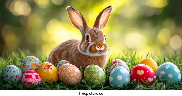 Easter Bunny with Colorful Eggs in a Meadow