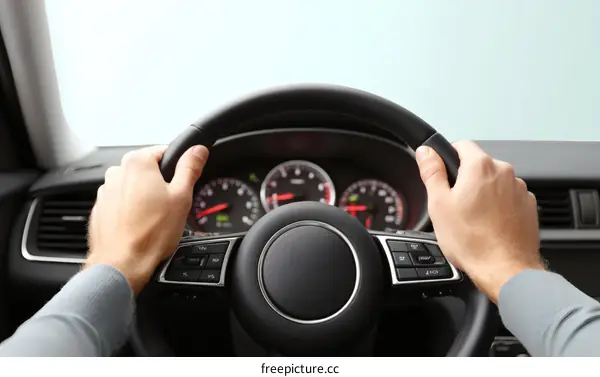 Closeup of Hands on Steering Wheel in Car