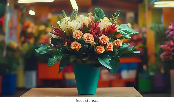 Beautiful Bouquet of Mixed Flowers in a Teal Pot