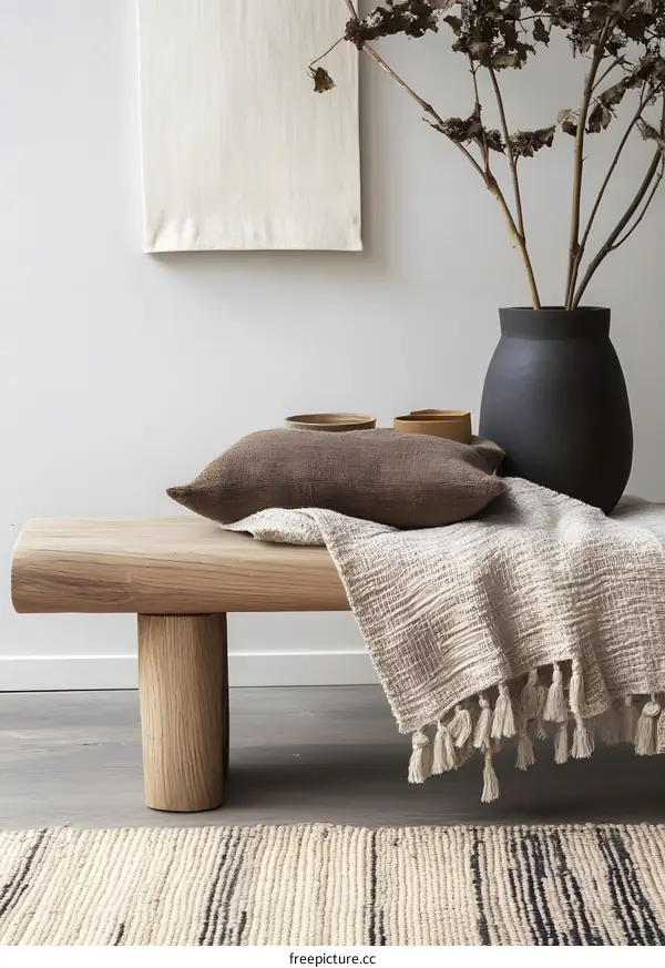 Wooden Bench with Brown Throw Pillow and Blanket