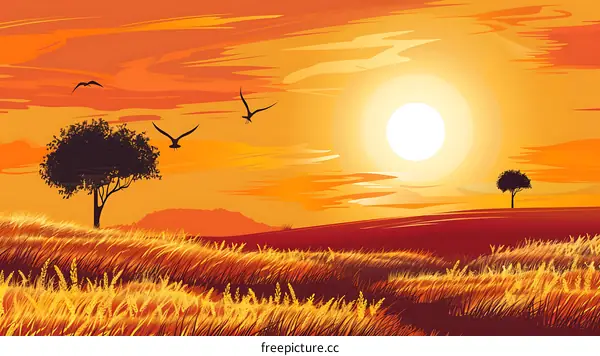 Sunset Landscape With Trees and Birds