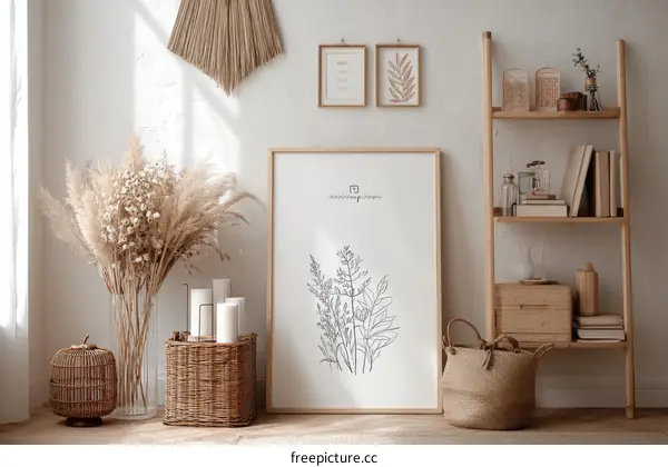 Bohemian Style Decor with Dried Flowers and Line Art Print