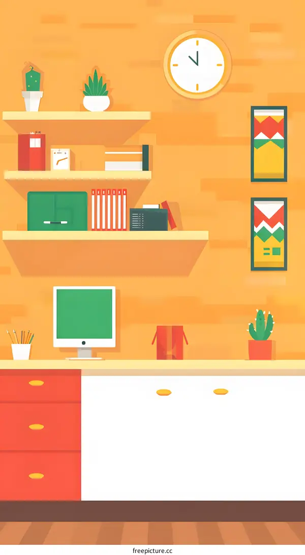 Modern Home Office Interior Design with Desktop Computer and Shelves