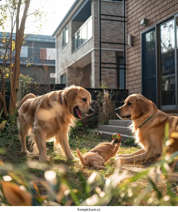 Two Golden Retrievers playing with a kitten in the backyard