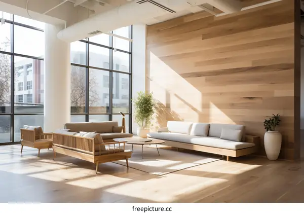 A modern office space with wood paneling and large windows