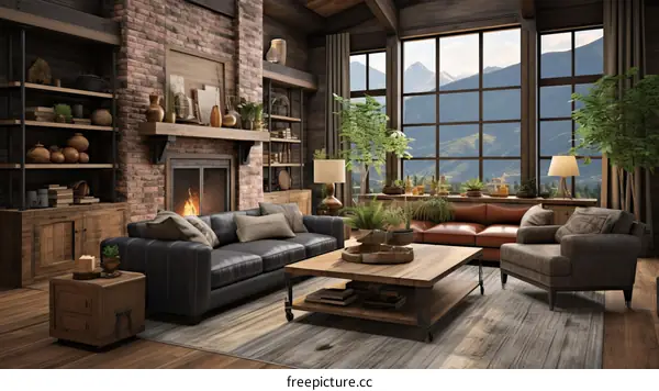 A cozy living room with a fireplace, a large window, and a comfortable sofa