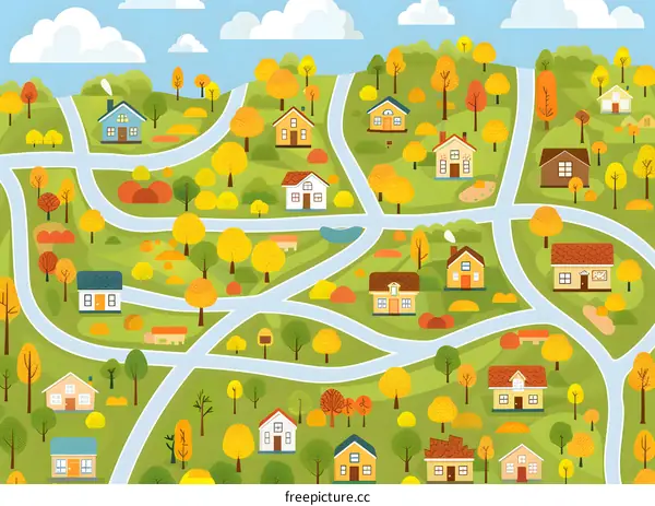 Autumn Village Landscape Illustration