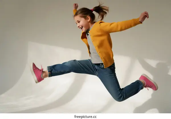 A joyful little girl jumping with arms and legs spread out