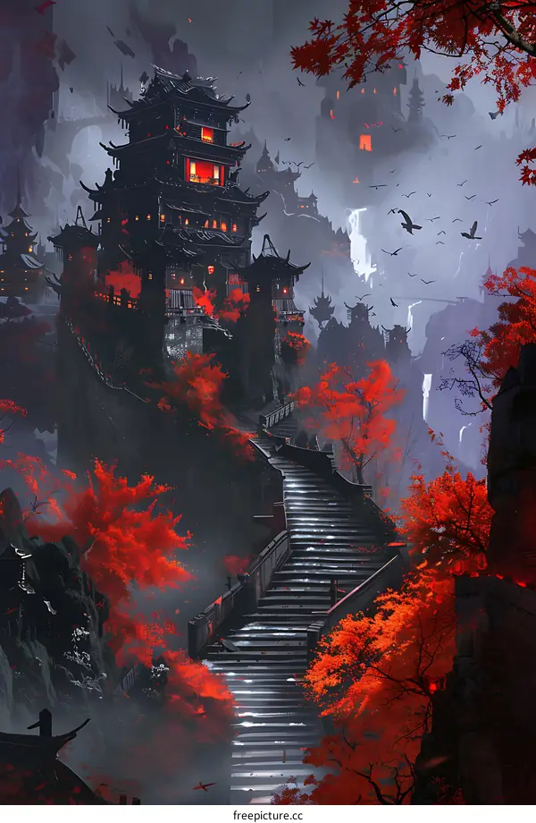 Dark Fantasy Chinese Architecture With Red Trees