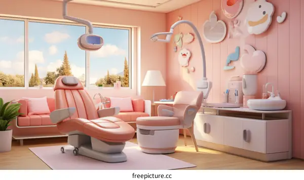 A pink and white themed dental clinic with a large window and a sofa