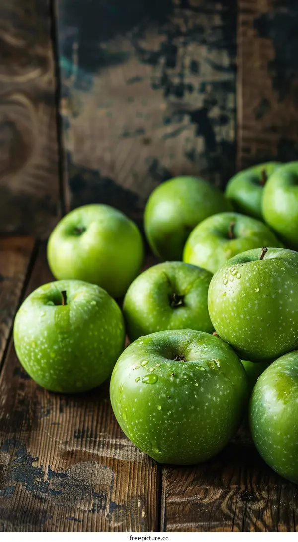 Fresh Green Apples on a Wooden Table