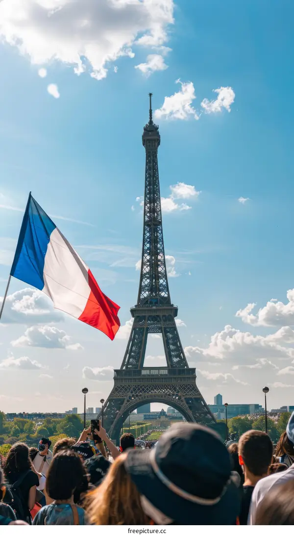 A group of people are waving French flags in front of the Eiffel Tower