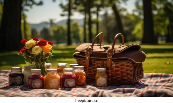 Picnic in the park with a basket full of delicious food