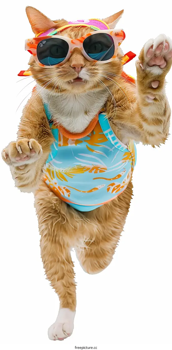 A ginger cat wearing a colorful swimsuit and sunglasses