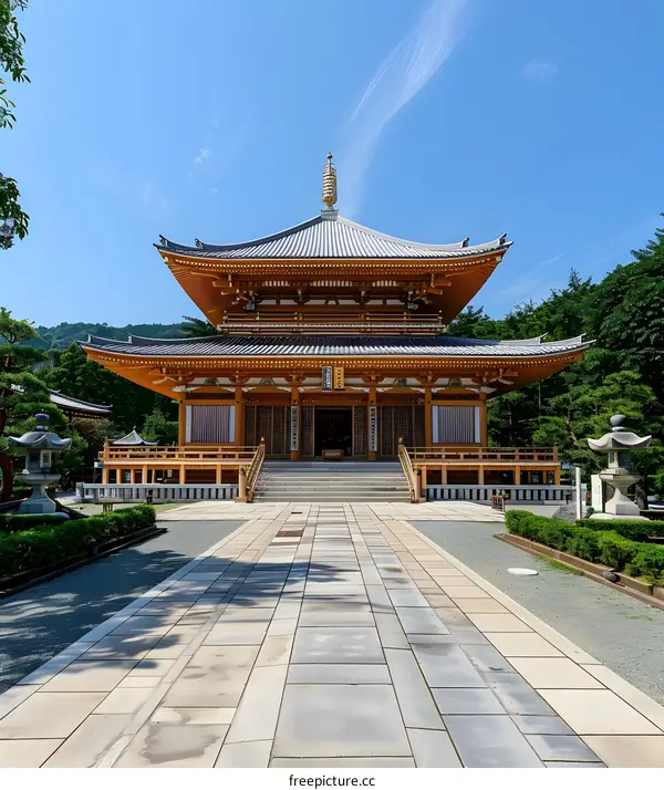 Traditional Japanese Temple with Curved Roof and Stone Pathway
